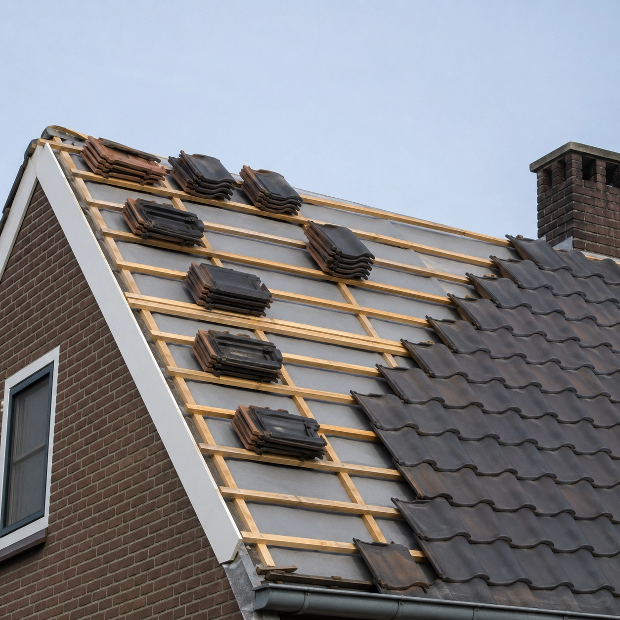 Hellend dak met stapels nieuwe dakpannen en vrijliggende panlatten